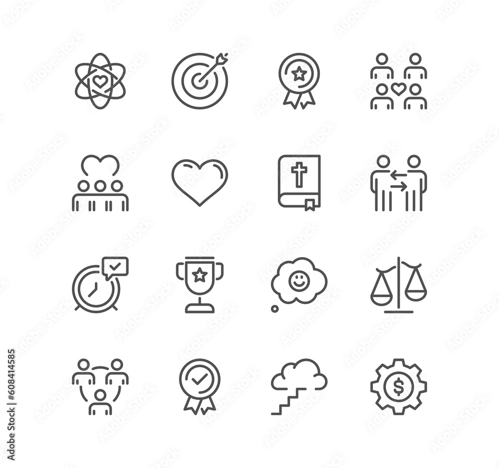 Set of core values related icons, diversity, exceptional, innovative, accountability, empathy, performance, process, progress, external business oriented values and linear variety symbols.