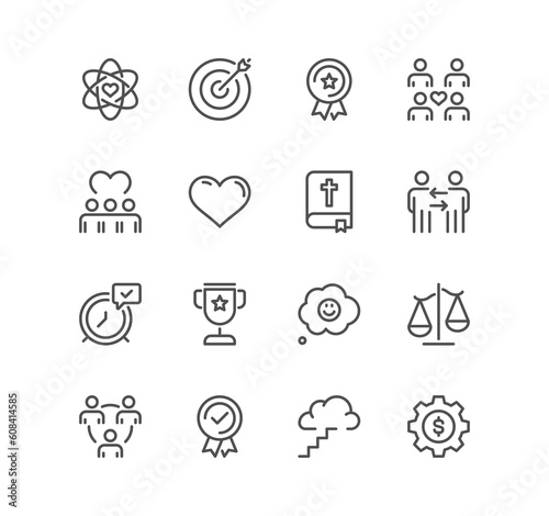Set of core values related icons, diversity, exceptional, innovative, accountability, empathy, performance, process, progress, external business oriented values and linear variety symbols.