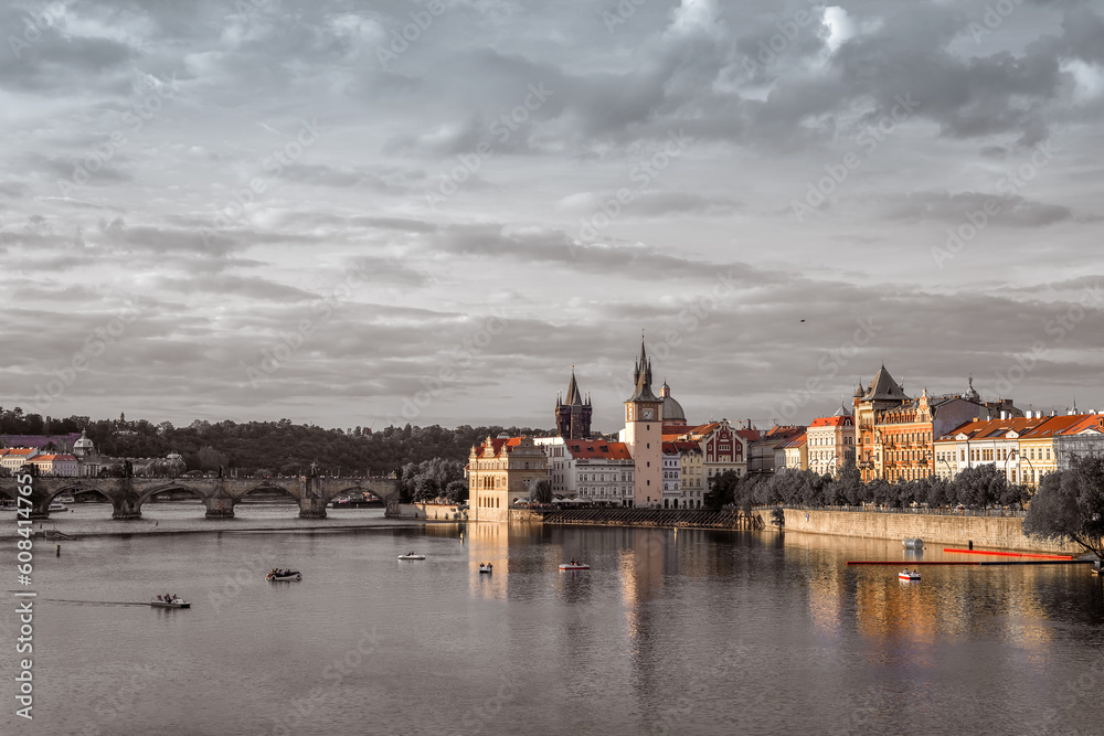 Evening Prague. Vltava river and Charle's Bridge. Czech Republic