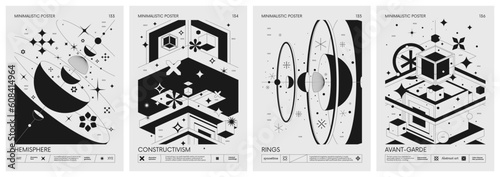 Futuristic retro vector minimalistic Posters with geometrical shapes various form, Abstract constructivism artwork composition inspired by brutalism in monochrome colors, set 34 photo