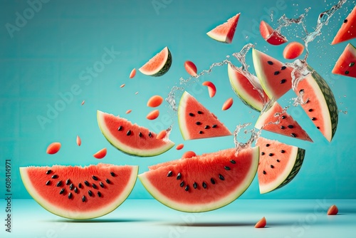 Slices of watermelon dropping across a soft backdrop. Floating fruits in the air. fruits of the crimson sky. Background of summer. Trendy colors, ample copy. Generative AI