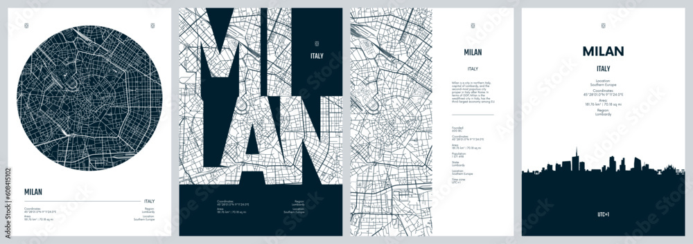 Naklejka premium Set of travel posters with Milan, detailed urban street plan city map, Silhouette city skyline, vector artwork