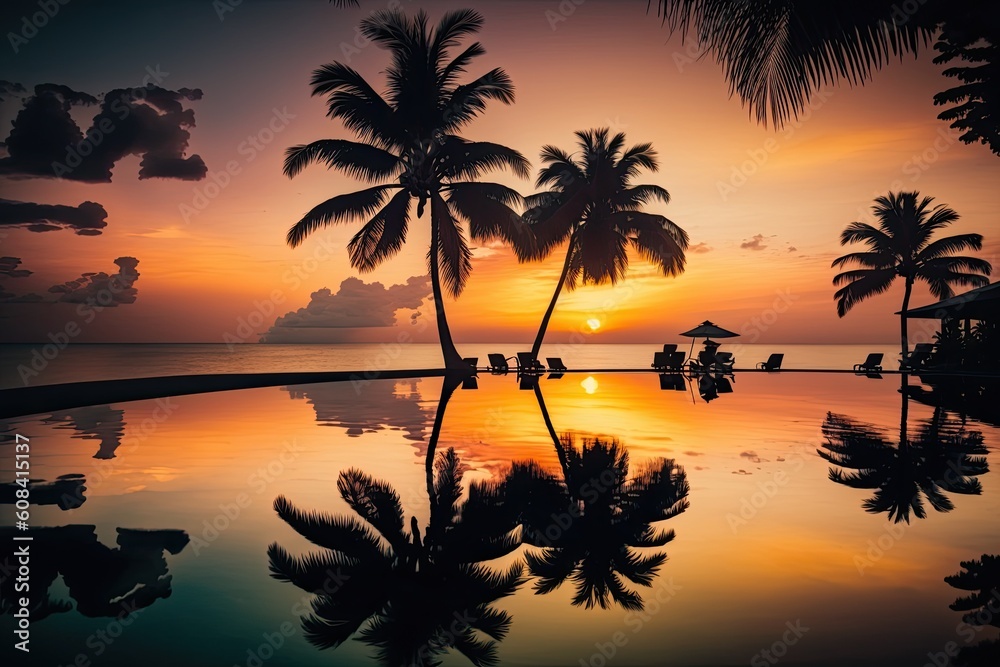 Summer beachfront hotel resort, tropical environment, outdoor luxury sunset over infinity pool swimming. Nice peaceful beach vacation backdrop. lovely sunset beach scene on an island Generative AI