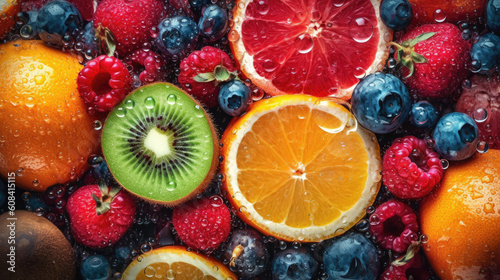 Fresh fruits with water drops close-up. Healthy food background.