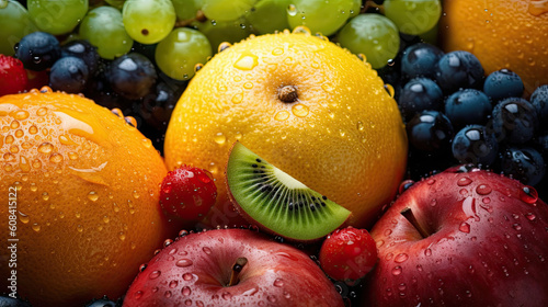 Fruits and berries background with kiwi apples and orange.
