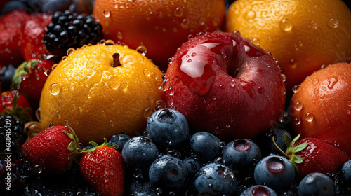 Fruits with water drops on a black background, closeup.