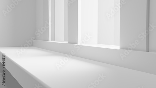 Podium white table background stage with sunlight and shadows for products design and cosmetics