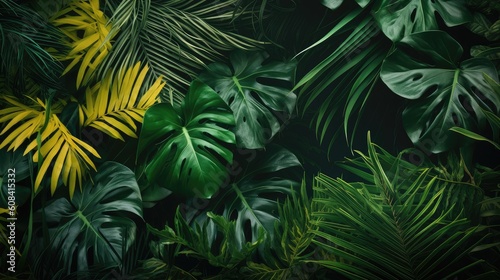 Background of tropical green leaves. Banner layout for a text field. the concept of recreation and travel. Background with tropical green leaves of monstera.. generative ai