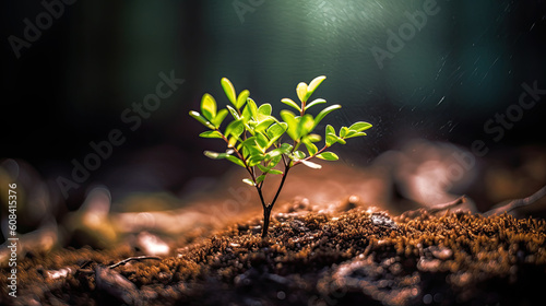 Young green sprout growing from the ground in the forest. Ecology concept