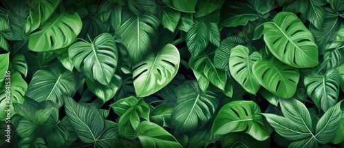 Background of tropical green leaves. Banner layout for a text field. the concept of recreation and travel. Background with tropical green leaves of monstera.. generative ai