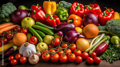 Composition with variety of raw organic vegetables on dark wooden table.