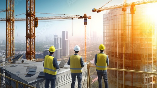 Construction Workers on the Rooftop of a Skyscraper. Generative ai photo