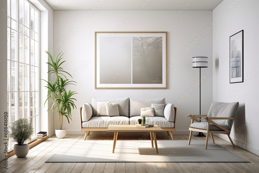 A modern, light filled room with an empty frame. Generative AI A modern, light filled room with an empty frame. Generative AI