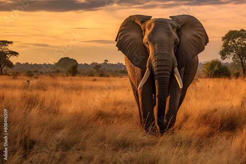 Elephant in African savannah on sunset, Generative AI