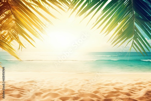summertime on a tropical island. On the beach, palm tree limbs provide shade. The sun shines in a blinding manner. The horizon is quite hazy. Sand to turquoise water transition. Generative AI