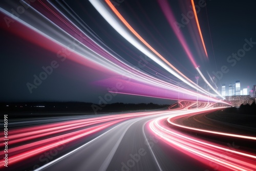 Light motion trails. Speed light streaks with blurred fast moving light effect, red white colors on black. Racing cars dynamic flash effects city road with long exposure night light. Generative AI
