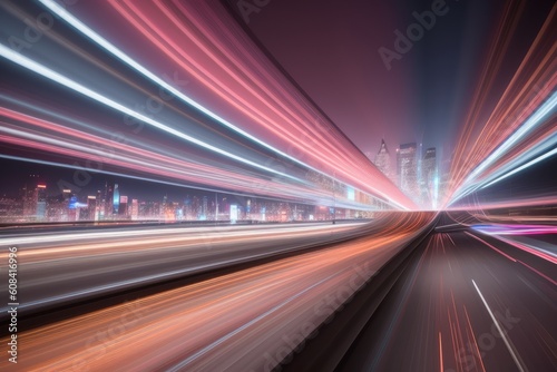 High speed effect motion blur night lights white and red. Futuristic neon light line trails. bright sparkling background. Purple glowing wave swirl, impulse lines. Long time exposure. Generative AI © useful pictures