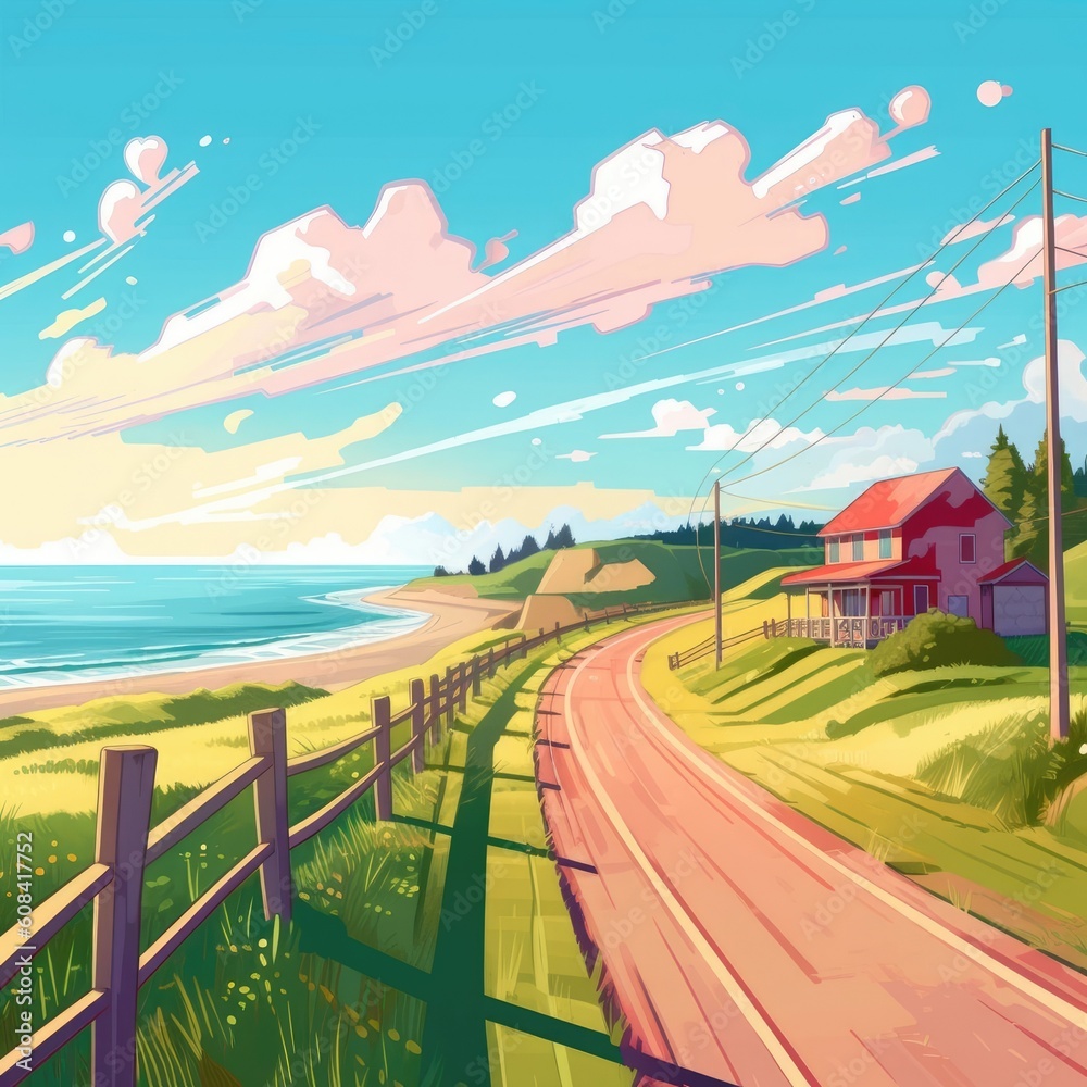 During sunny weather, view ocean from rural coastal road. (Illustration, Generative AI)