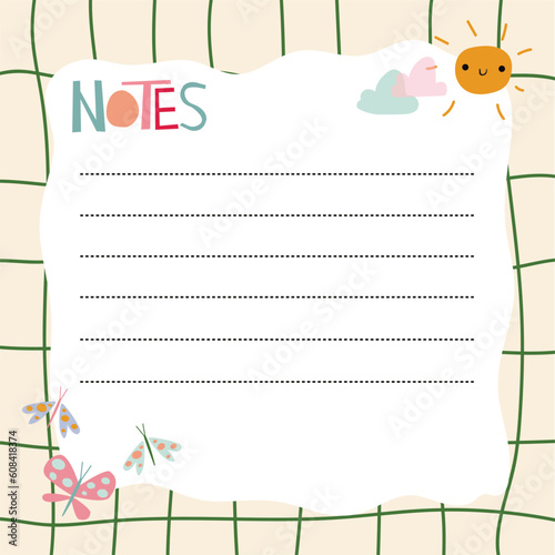 Vector weekly planner with cute animals.Notebook sheet with sun and butterflies in mosern style. Vector illustration. photo