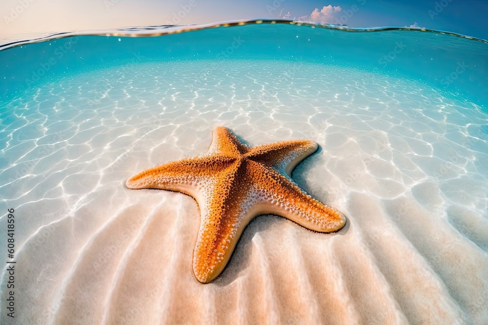 Summer beach with starfish in sea water. Summer setting. Its summertime. Generative AI Summer beach with starfish in sea water. Summer setting. Its summertime. Generative AI