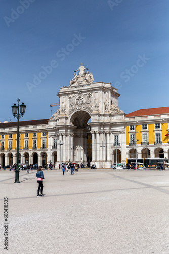 Praca do Comercio (Commerce square) and Rua Augusta Arch in Lisbon, Portugal in a summer day