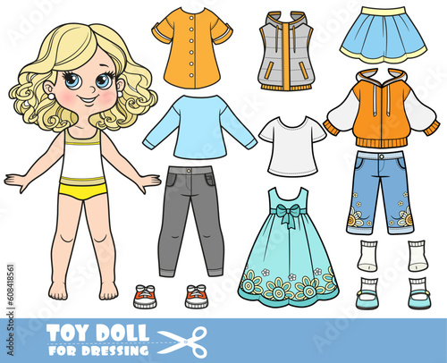 Cartoon blond girl  and clothes separately -  insulated vest, long sleeve, dress, t-shirts, sandals, jacket, skirt, breeches, jeans and sneakers doll for dressing