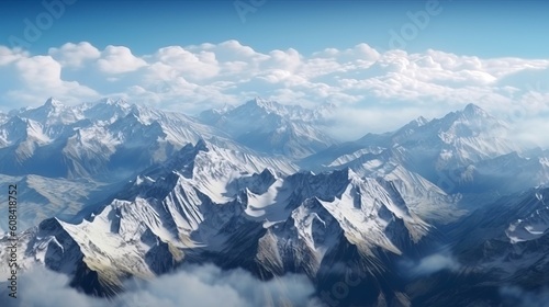 A stunning aerial view of a majestic mountain range. Generative ai