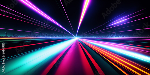 Fluorescent rays illuminate a cyber tunnel as futuristic vehicles rush by. The city skyline and skyscrapers add a modern touch. Generative AI.