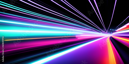 Vibrant neon lights blur in a modern urban night. Futuristic abstract motion with a burst of energy. Generative AI.