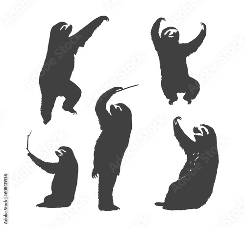 A set of 5 Sloth silhouette sitting and playing