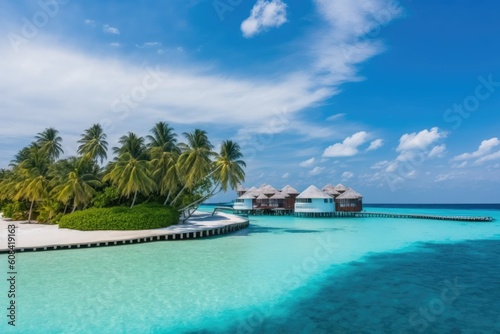 Maldives island scenery, luxurious resort with pool, and water villas. Beautiful sky, water, and beach with palm trees are part of this trip and vacation plan for the summer. taking a Generative AI