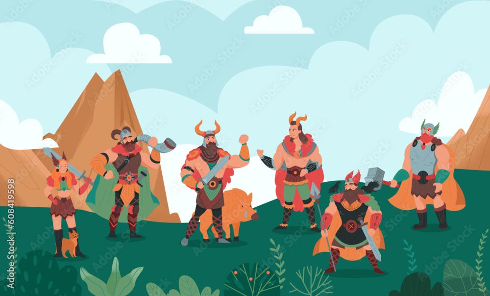 Naklejka premium Norse Gods Flat Vector Illustration