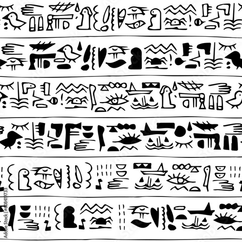 Seamless egyptian pattern theme with tribal ethnic motifs. Black-white horizontal vintage border, retro hand drawing for textile
