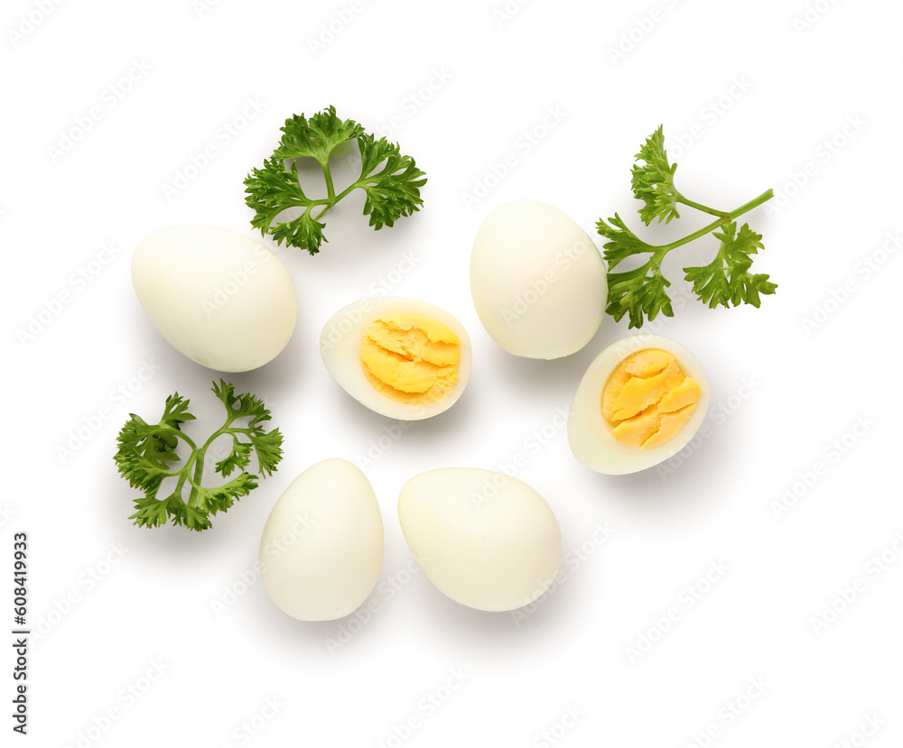 Boiled quail eggs with parsley on white background Boiled quail eggs with parsley on white background