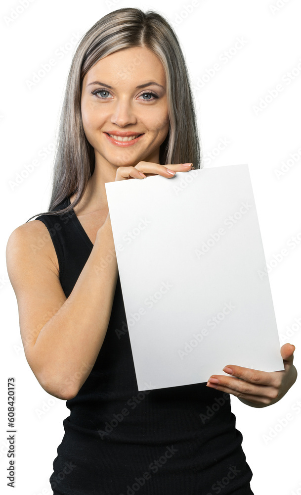 Pretty young blonde woman holding empty blank isolated on white background Pretty young blonde woman holding empty blank isolated on white background