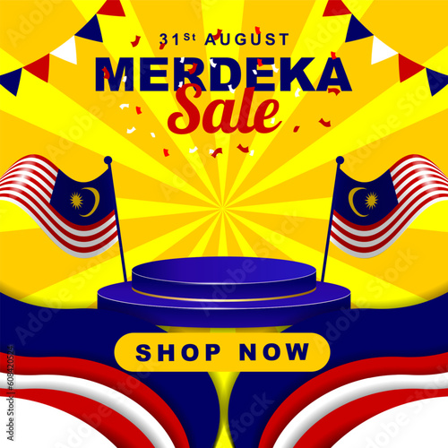 Malaysia independence day celebration discount on august 31st with 3d podium promotion design