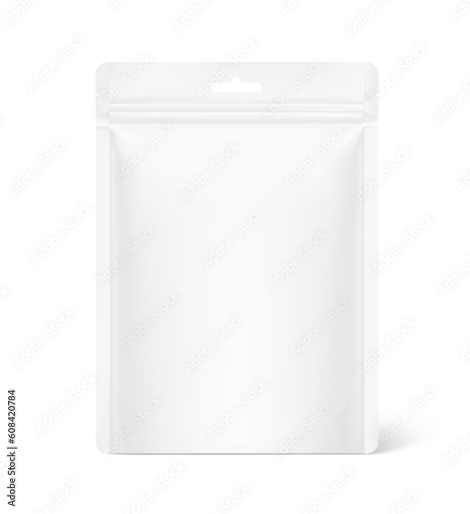 Realistic clean stand up pouch bag mockup. Vector illustration isolated on white background. Front view. Can be use for template your design, presentation, promo, ad. EPS10. Realistic clean stand up pouch bag mockup. Vector illustration isolated on white background. Front view. Can be use for template your design, presentation, promo, ad. EPS10.