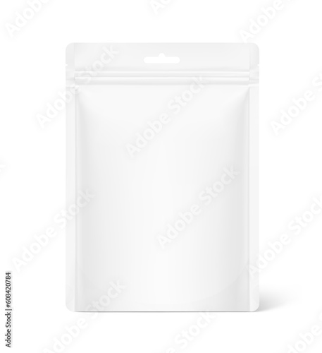 Realistic clean stand up pouch bag mockup. Vector illustration isolated on white background. Front view. Can be use for template your design, presentation, promo, ad. EPS10.	