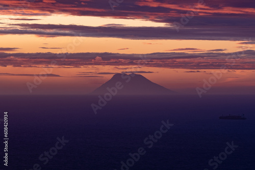 Sunset from the purple coast of Calabria, in the background the Aeolian Islands. 