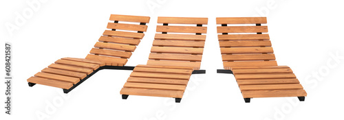 Modern deck chair made of wood and metal for sunbathing and relaxation and nature. Set of beach chairs 3d rendering. isolated © Sergey Chips
