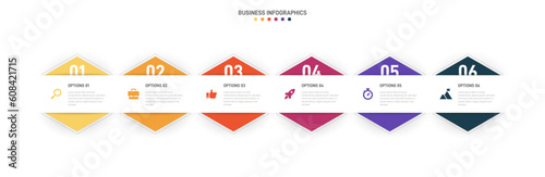 Timeline infographic with infochart. Modern presentation template with 6 spets for business process. Website template on white background for concept modern design. Horizontal layout.