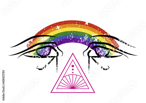 T-shirt design of two Egyptian eyes joined by a rainbow. Vector illustration for gay pride day