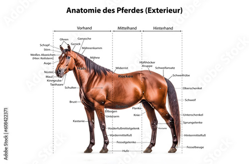 Anatomie des Pferdes (Exterieur). Generative AI mit hinzugefügtem Text.