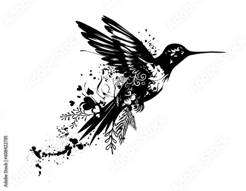 Flying bird hummingbird. Black and white print. Vector illustration