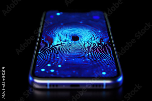 Fingerprint biometric print on mobile phone in blue color Generative IA
