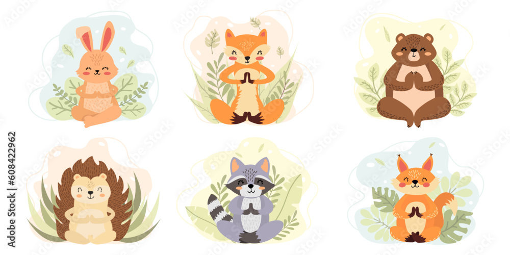 Vector set of forest animals. Cute woods animals meditating, doing yoga. Fox, squirrel, hedgehog, bear, raccoon, rabbit in cartoon style. Сollection of hand-drawn animals.T-shirt print. Children's art Vector set of forest animals. Cute woods animals meditating, doing yoga. Fox, squirrel, hedgehog, bear, raccoon, rabbit in cartoon style. Сollection of hand-drawn animals.T-shirt print. Children's art