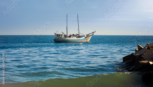 boat on the beach  summer sky fishing boat   Ai generated 