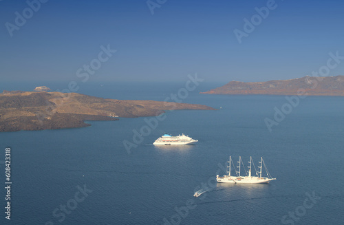 Cruise ships near the coast of Santorini islands, Greece
