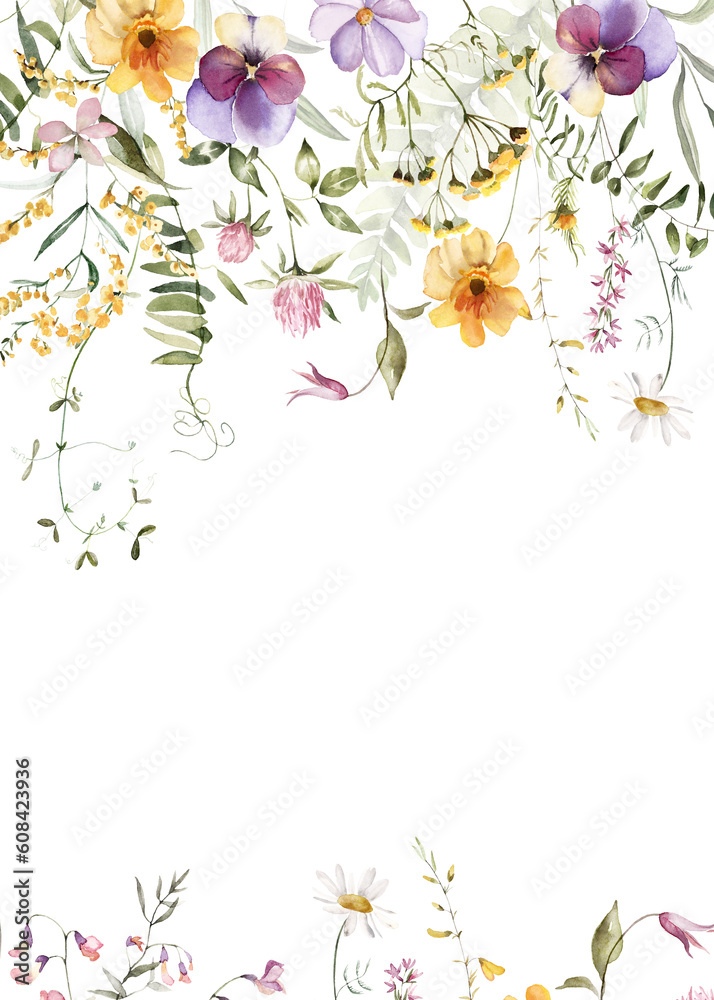Wild field herbs flowers. Watercolor border frame - illustration with green leaves, branches and colorful buds. Wedding stationery, wallpapers, fashion, backgrounds, textures. Wildflowers.
