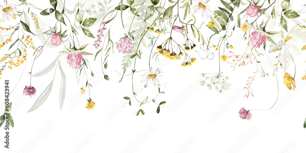 Wild field herbs flowers. Watercolor seamless border - illustration with green leaves, pink yellow buds and branches. Wedding stationery, wallpapers, fashion, backgrounds, textures. Wildflowers.